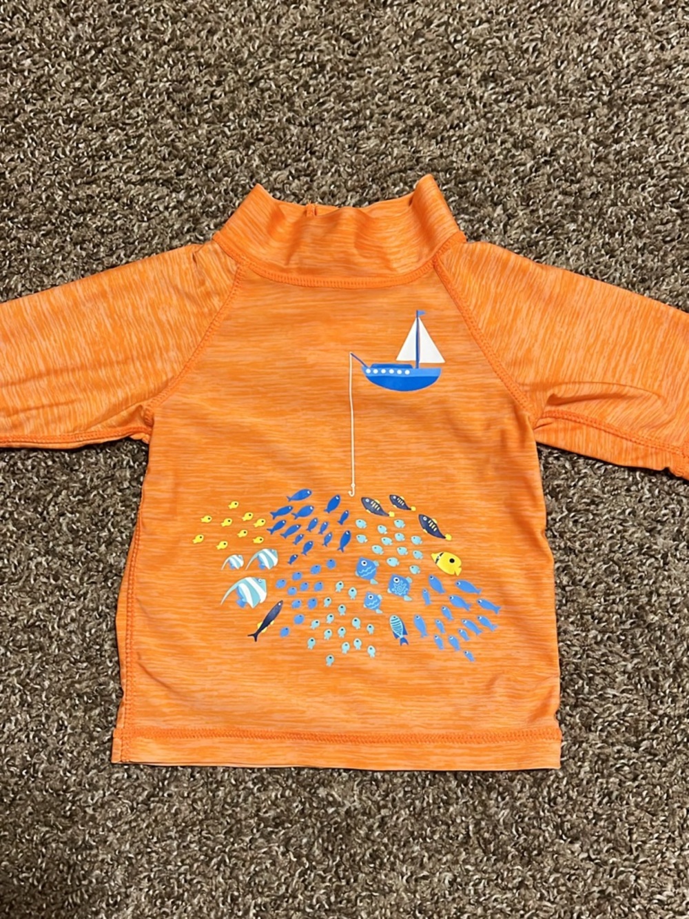 Kids Orange Short-Sleeve Swim Rashguard with Boat & Fish Graphic